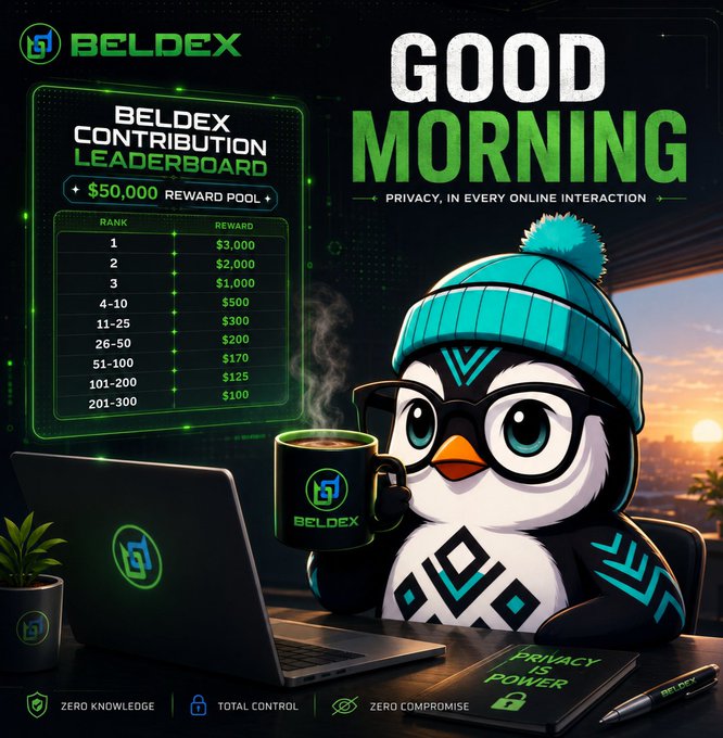 A promotional graphic for 'BELDEX' showing a penguin mascot in a beanie and glasses holding a coffee mug, alongside a 'BELDEX CONTRIBUTION LEADERBOARD' with a $50,000 reward pool and 'GOOD MORNING' text.