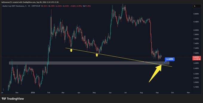 A TradingView 1-day chart of USDT Dominance (USDT.D) on the CRYPTO CAP index shows price testing a key horizontal support zone around 6.6% following a breakdown from a descending trendline, with a yellow arrow highlighting the potential support area near $6.690%.
