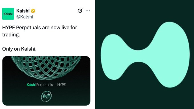 The image features a post that contains two photos: one of a logo for a company called "Kalshi" along with an explanation about a product they are releasing, and another photo featuring a graphic representation of a symbol or bubble-like shape on a dark green background. The text in the image states that the "HYPE PERPETUALS ARE NOW LIVE FOR TRADING".