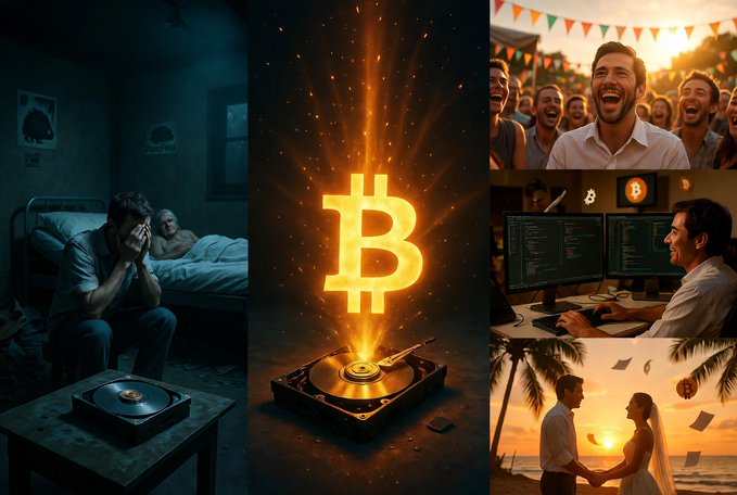A collage of AI-generated images themed around Bitcoin, depicting various emotional scenes including a man in distress, a glowing Bitcoin symbol, a laughing man in a crowd, a programmer at dual monitors, and a couple at a beach wedding.