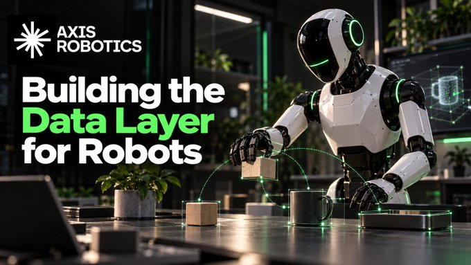 An advertisement for Axis Robotics featuring a humanoid robot interacting with objects on a table, with the text 'Building the Data Layer for Robots' and the Axis Robotics logo.