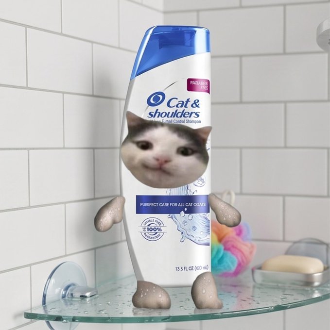 A humorous digitally-altered image of a Head & Shoulders shampoo bottle with a cat's face and paws added, sitting in a shower.