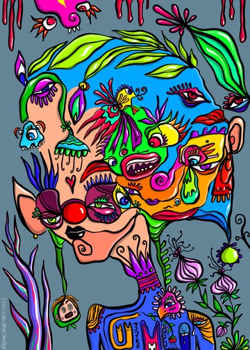A colorful, surrealist mixed-media illustration features a distorted face filled with numerous eyes, lips, and abstract creatures in bright hues.