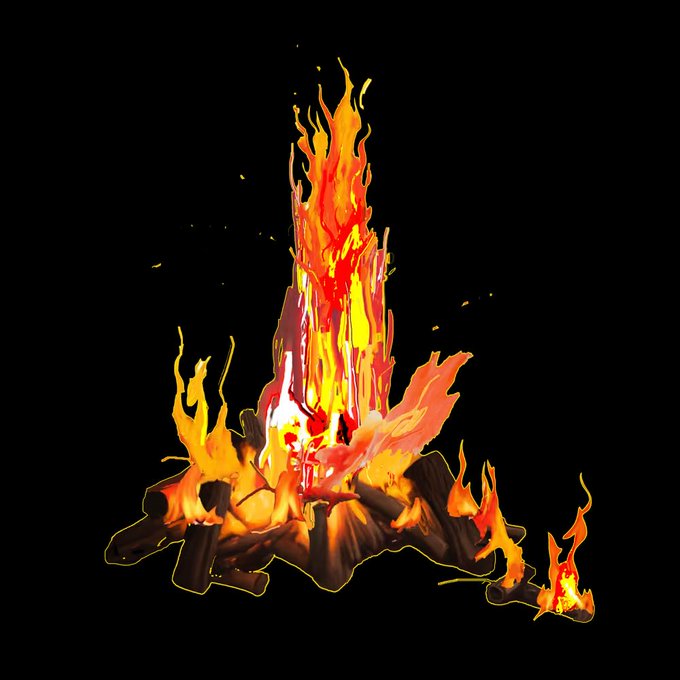 A stylized digital illustration depicts a vibrant campfire with tall, licking flames in warm orange and yellow tones, set against a stark black background. The artwork carries a mystical, soul-soothing atmosphere that complements the post's message about finding peace and rest.