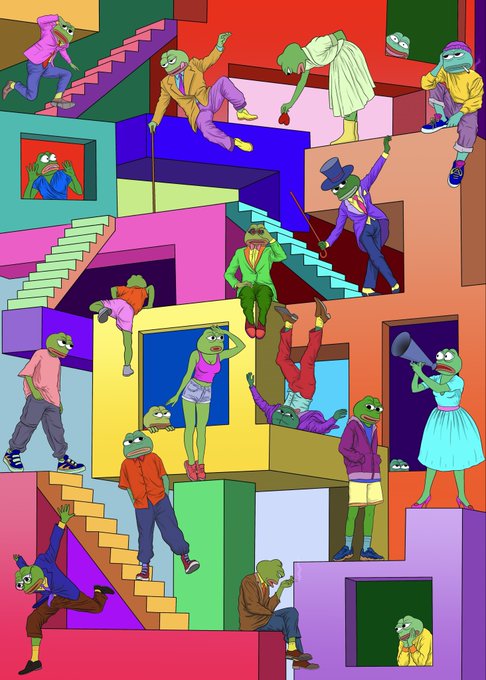 A vibrant, colorful digital illustration depicting multiple green-skinned frog-like characters in various outfits and poses across a complex Escher-like structure of interlocking stairs and rooms.