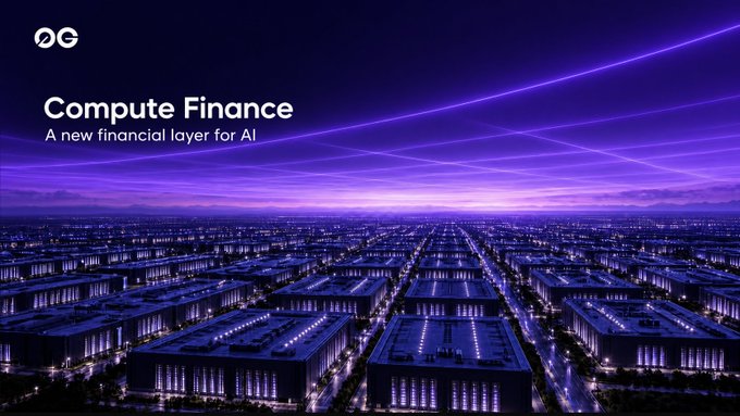 A nighttime aerial view of a vast data center campus under a purple-blue sky, branded with the "0G" logo and headlined "Compute Finance: A new financial layer for AI." The image visually reinforces the announcement by depicting rows of compute infrastructure tied to 0G's new model that lets users stake tokens to earn usable AI compute instead of inflation rewards.