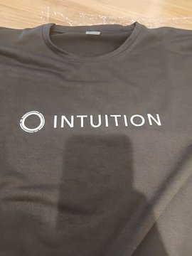 A folded black t-shirt displayed on a surface with the white 'INTUITION' logo and its circular emblem printed on the front.
