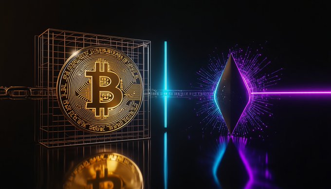 A digital artwork features a gold Bitcoin coin inside a wireframe cube on the left, separated by a cyan beam from a glowing purple and blue diamond shape representing Ethereum on the right.