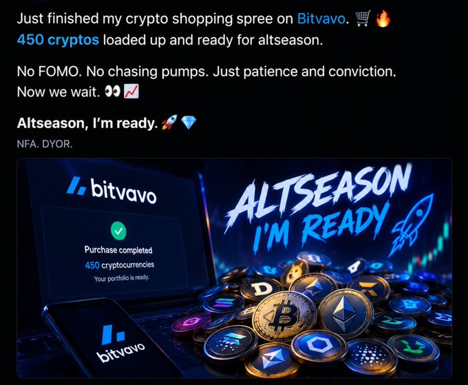 A crypto promotional post showing 450 cryptocurrencies purchased on Bitvavo with text 'Just finished my crypto shopping spree on Bitvavo' and 'ALTSEASON I'M READY' over images of Bitcoin and altcoin tokens.