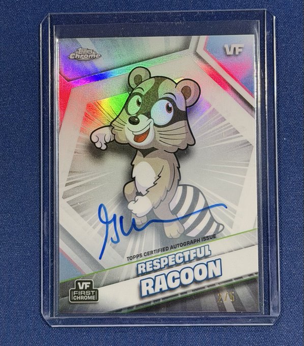 A graded 'RESPECTFUL RACOON' Topps Chrome trading card numbered 2/5, featuring a cartoon raccoon character and a blue autograph signature, encased in a protective holder.