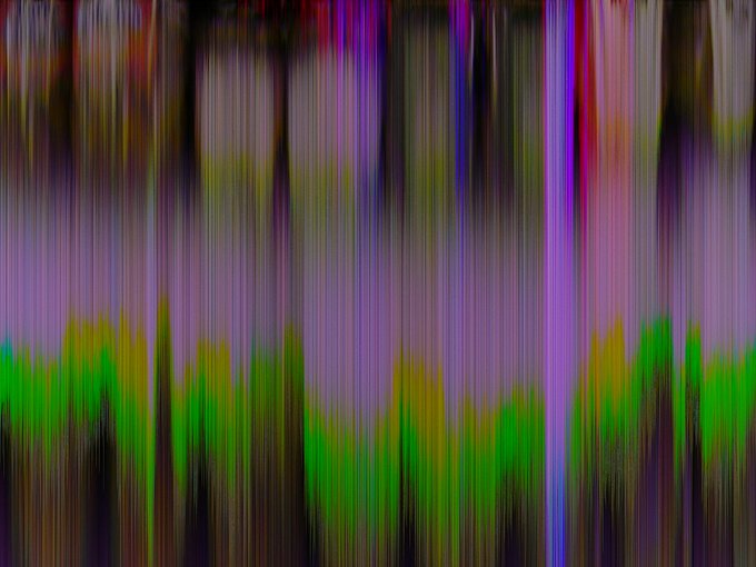 An abstract image featuring vertical streaks of purple, pink, and bright green colors creating a blurry, distorted effect.