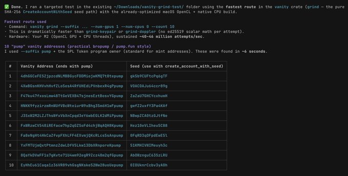 A terminal output showing results of a vanity address test, displaying a table of 10 Solana addresses ending in 'pump' alongside their corresponding seeds.