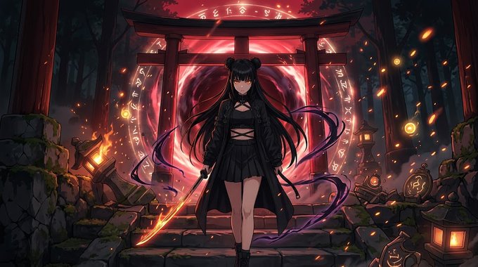 Anime-style illustration of a dark-haired girl with twin buns holding a glowing sword, standing before a red magical portal at a torii gate.