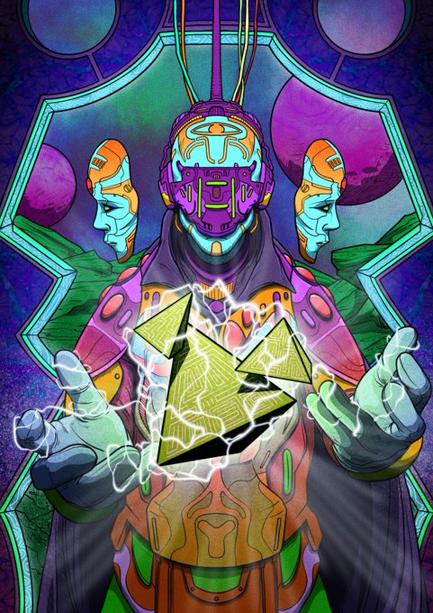 The image features a man with purple skin, wearing a green suit that has a yellow triangle on it. He holds a yellow triangle above his head while standing against a purple background. The caption of the image reads "Absolute banger from one of my very favorite artists in the space." This suggests that the artist who created this image is known for their unique and unconventional style, which often includes elements like the purple skinned man with the yellow triangle on his suit.