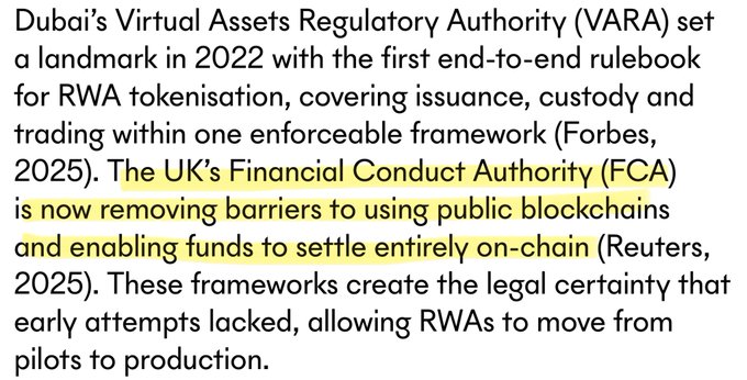 The image shows a text excerpt highlighting that Dubai's VARA created a landmark RWA tokenisation rulebook in 2022, while the UK's Financial Conduct Authority (FCA) is now removing barriers to using public blockchains and enabling funds to settle entirely on-chain, with the highlighted passage emphasizing this FCA development that aligns with the accompanying post.