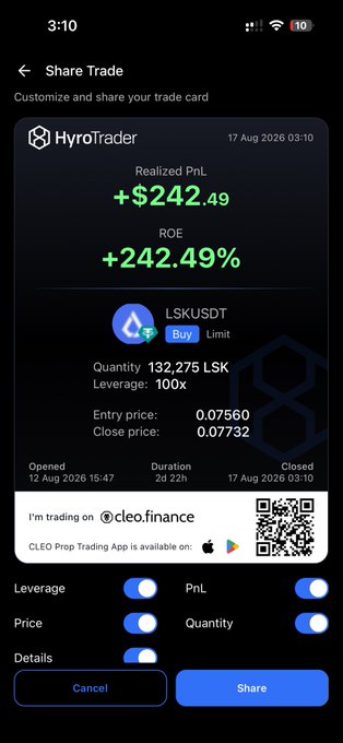 A mobile screenshot of a HyroTrader trade card showing a realized PnL of +$242.49 (+242.49% ROE) on a 100x leverage LSKUSDT trade.