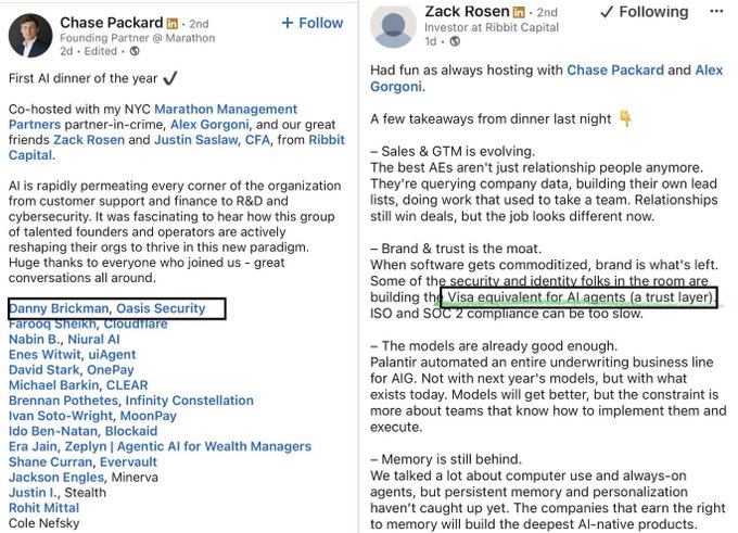 A screenshot of two LinkedIn posts by Chase Packard and Zack Rosen, with a black box highlighting the text 'Visa equivalent for AI agents (a trust layer)' within a takeaway about brand and trust.