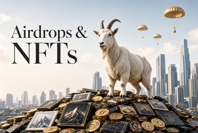 A promotional graphic reading 'Airdrops & NFTs' featuring a white goat standing on a pile of gold coins and framed artworks against a city skyline.