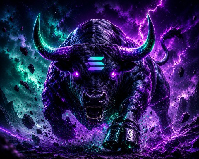 A powerful charging bull with glowing purple eyes and neon green-tinged horns dominates a cosmic storm of lightning, while a Solana (SOL) logo blazes on its forehead—capturing the unstoppable bullish momentum for $SOL supporters.