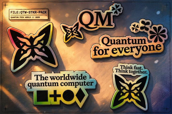 The image features a collection of stickers, including four butterfly-themed designs with different colors and sizes. The stickers are arranged in a square formation against a light blue background. The text "QUM" appears multiple times throughout the stickers, suggesting that they might be related to Quantum computing or Quantum physics. Additionally, there is a caption at the bottom of the image stating "The worldwide Quantum computer".