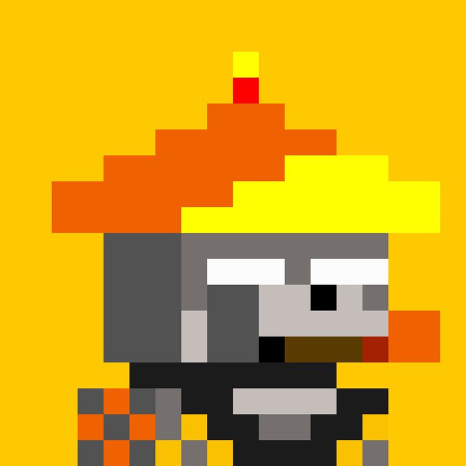A pixel art character wearing a fiery red-and-yellow jester-style hat with a candle on top, set against a bright yellow background, representing the honorary "Sensei" NFT from the zecbit collection — the first NFT collection on the Zcash blockchain.