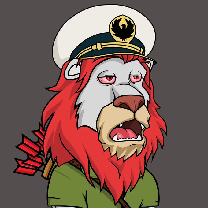 A cartoon-style illustration of a lion character with a red mane wearing a white military officer's cap and a green uniform.