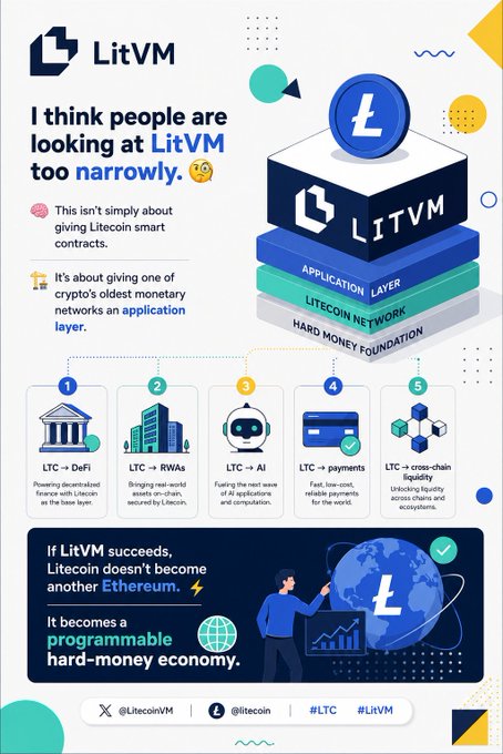 An informational graphic titled 'LitVM' explaining its function as an application layer for Litecoin, with sections labeled 'LTC → DeFi', 'LTC → RWAs', 'LTC → AI', 'LTC → payments', and 'LTC → cross-chain liquidity'.