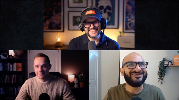 Three-way split screen podcast or video call featuring a man in a white/blue San Diego cap and headphones at the top, a man in a beige sweater bottom left, and a bald man with a beard and glasses in an olive shirt bottom right.