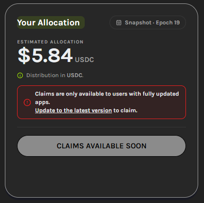 Screenshot of a Grass allocation dashboard showing an estimated allocation of $5.84 USDC for Snapshot · Epoch 19, with a message indicating that claims are unavailable and the user must update to the latest version to claim. The image visually corresponds to the poster's reveal of their modest second-highest tier reward from the Grass Season 2 airdrop.