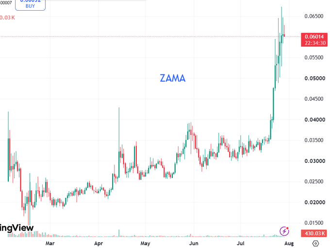 A candlestick price chart for the ticker 'ZAMA' showing a sharp price increase in late July, reaching approximately 0.06014.