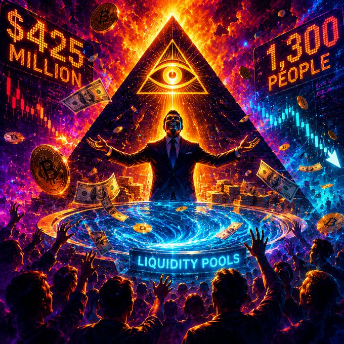 A dramatic, fiery illustration depicting a man in a suit with arms raised beneath an Illuminati-style eye pyramid, surrounded by floating Bitcoin coins and cash, with text reading '$425 MILLION', '1,300 PEOPLE', and 'LIQUIDITY POOLS' above a swirling crowd.