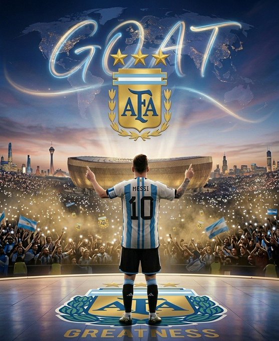 A celebratory 'GOAT' poster features Messi in the Argentina #10 jersey facing a stadium crowd, with the AFA crest and 'GREATNESS' text below.