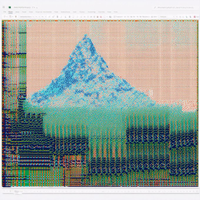 A pixel art depiction of a snow-capped mountain landscape with a forest, displayed in what appears to be a graphics editing software interface.