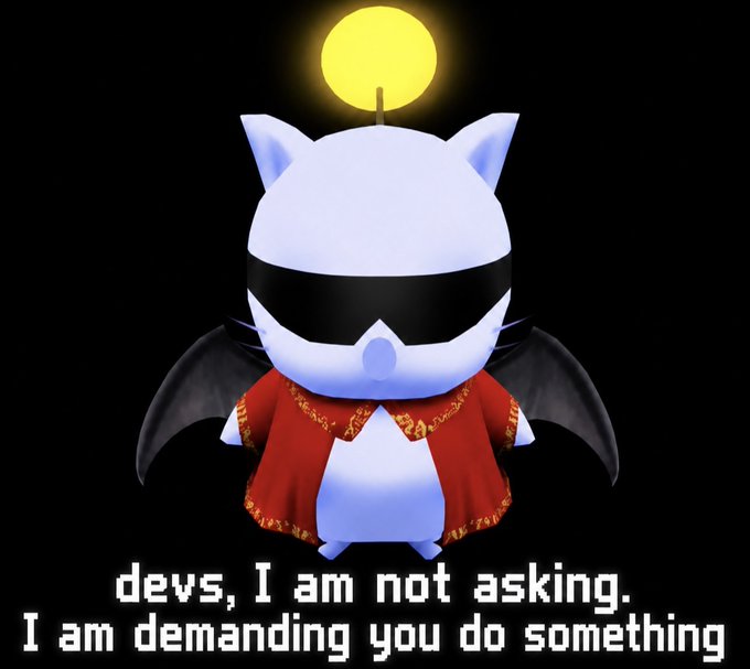 A white cat-like creature with bat wings, sunglasses, and a glowing halo above its head wears a red ornate cape and demands action, with text reading "devs, I am not asking. I am demanding you do something." The image humorously illustrates the intern's plea by escalating their request into a dramatic, angelic ultimatum to the developers.