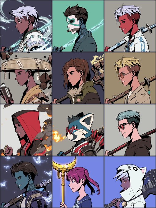A 4x3 grid of illustrated character portraits featuring diverse designs with various weapons, hairstyles, and fantasy elements.