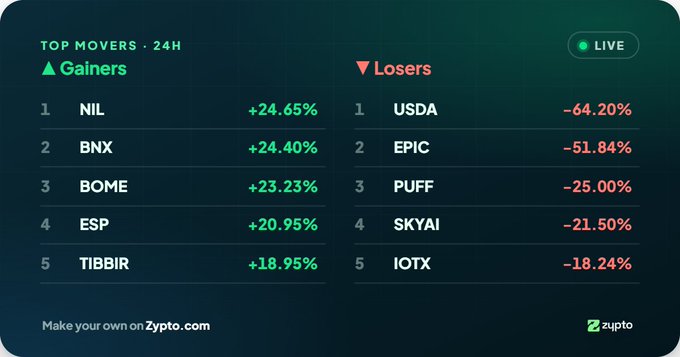 A live cryptocurrency dashboard showing top movers in the last 24 hours, with NIL (+24.65%), BNX (+24.40%), BOME (+23.23%), ESP (+20.95%), and TIBBIR (+18.95%) as the top gainers, and USDA (-64.20%), EPIC (-51.84%), PUFF (-25.00%), SKYAI (-21.50%), and IOTX (-18.24%) as the top losers, powered by Zypto.com.
