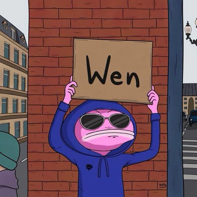 Animated cartoon character in a blue hoodie and sunglasses holding up a cardboard sign that reads 'Wen' against a brick wall backdrop in an urban street setting.