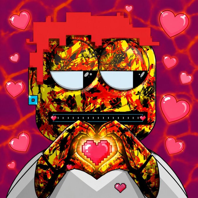 A pixel-art robot with a lava-textured face forms a heart shape with its hands against a pink background filled with floating hearts, symbolizing the charity-driven, community-focused mission highlighted in the post about DROUPZNFT giving back.
