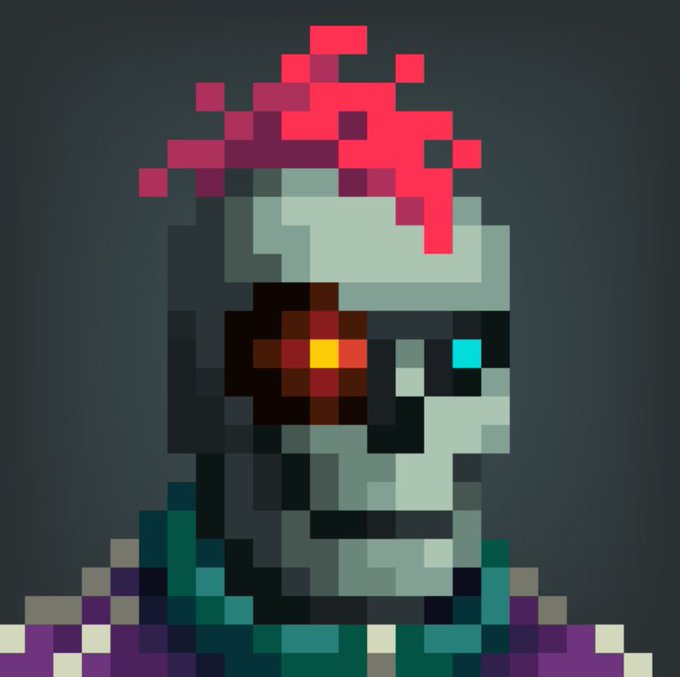 A pixel art portrait of a cyborg or robot character with glowing red and cyan eyes against a dark blue background.
