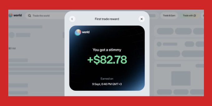 A 'world' app first trade reward pop-up showing '+82.78' stimmy earned on 9 Sept, 6:46 PM GMT+3.