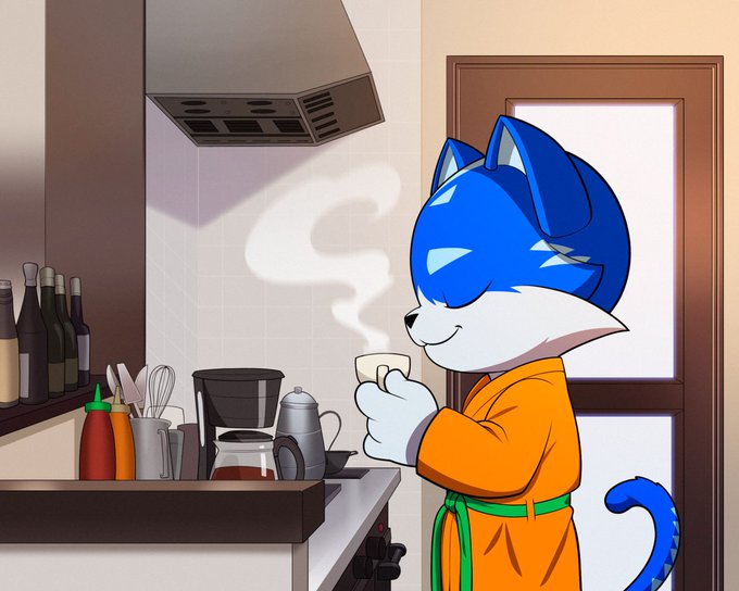 An animated illustration of a blue and white fox character wearing an orange robe, holding a steaming cup of coffee in a kitchen setting.
