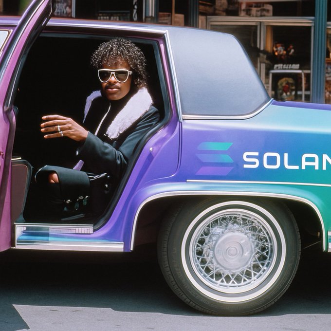 A stylish man with curly hair and sunglasses sits in the driver's seat of a purple and teal vintage car with "SOLANA" prominently displayed on the side. The image's "SOLANA" branding cleverly ties into the post's mention of various crypto tickers, with the retro car aesthetic evoking a flashy, high-rolling crypto trading vibe.
