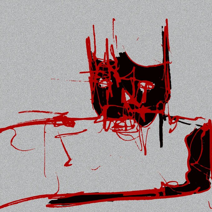 A rough, abstract digital sketch in red and black on a gray background, depicting what appears to be a stylized figure or structure with bold, dripping, scratchy lines.