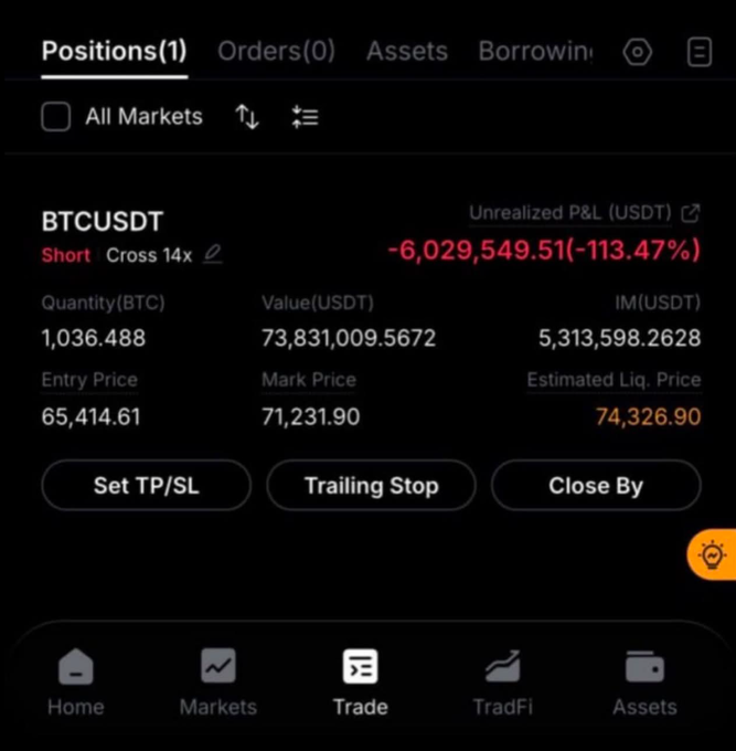 A cryptocurrency trading app screen shows a BTCUSDT short position with a -113.47% unrealized P&L of -$6,029,549.51, with an entry price of $65,414.61 and an estimated liquidation price of $74,326.90.