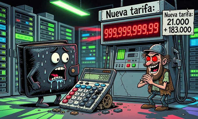 A cartoon illustration showing a sweating, distressed wallet next to a calculating a 'Nueva tarifa' (new rate) of 21,000 + 183,000, with a gleeful man standing beside a digital display reading '999,999,999,99'.