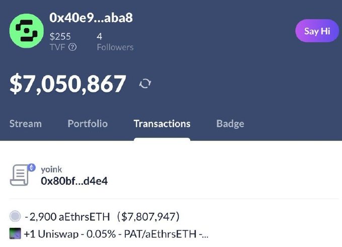A crypto wallet screenshot showing address '0x40e9...aba8' with a balance of $7,050,867, displaying a transaction of -2,900 aEthrsETH ($7,807,947) yoinked from address 0x80bf...d4e4.