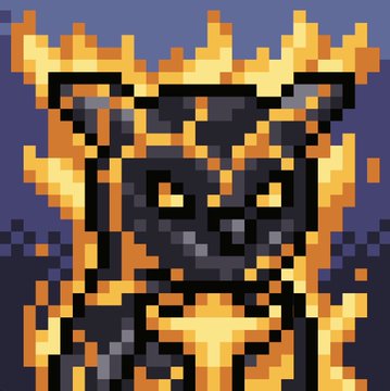 A pixel art style image features a dark, masked character surrounded by orange and yellow flames.