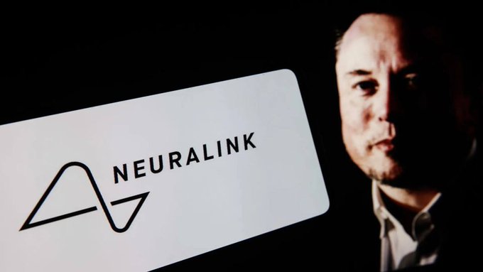 A screen displays the 'NEURALINK' logo alongside a dimly lit photo of a man's face, likely Elon Musk.
