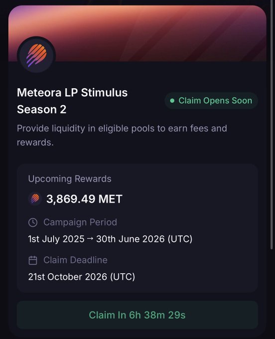 This image shows the "Meteora LP Stimulus Season 2" with upcoming rewards of 3,869.49 MET, available to claim in 6h 38m 29s. The post likely elaborates on the user's experience and thoughts regarding this airdrop confirmation.