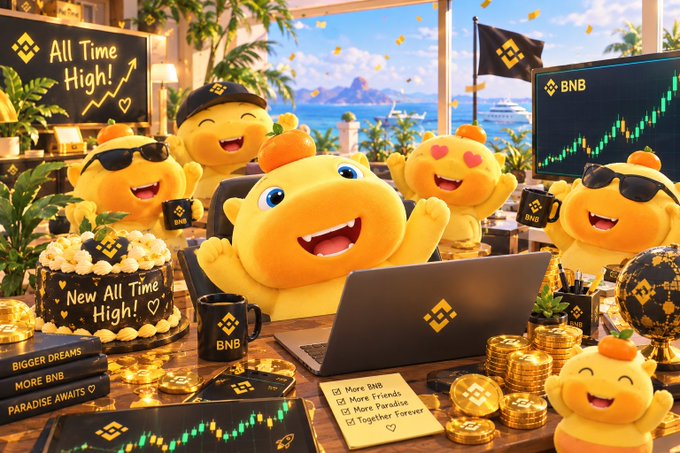 The image features cheerful yellow mascots wearing Binance (BNB) hats celebrating around a laptop displaying the BNB logo, surrounded by gold coins, a "New All Time High!" cake, and a chart screen showing an upward-trending candlestick graph. Signs reading "All Time High!" and "BNB" reinforce the celebratory crypto milestone message, perfectly matching the post's congratulatory tone about reaching a historic price peak.